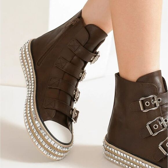 BEAST FASHION Brown High-Tops Multiple Silver Buckle Womens Shoes Size 7, 7.5, 8 - Picture 3 of 5